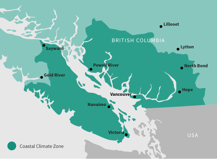 A green map of the southern coast of British Columbia.