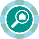A green and blue circle icon with a magnifying glass focused on a house symbol.